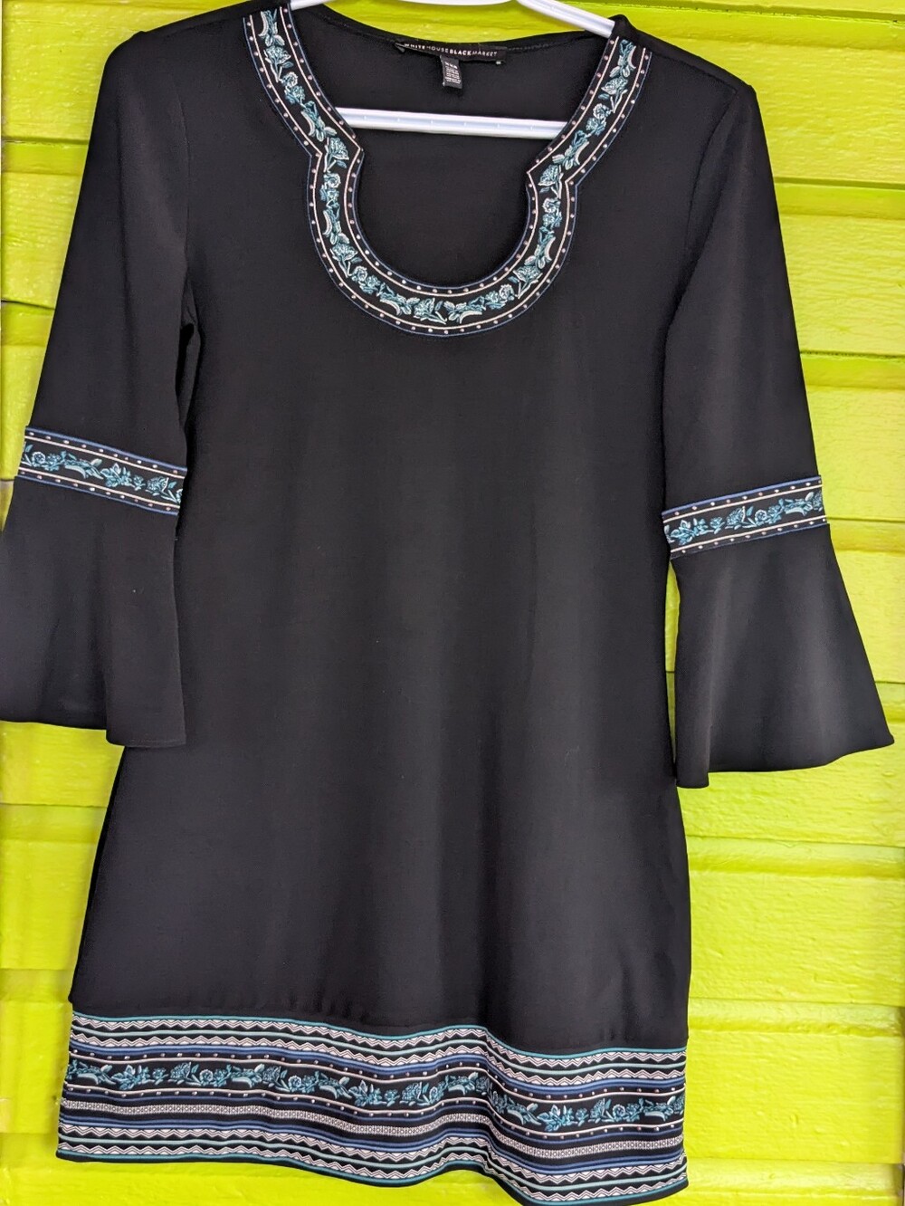 Black Embroidered Scoop Neck Bell Sleeve Tunic with Teal Trim